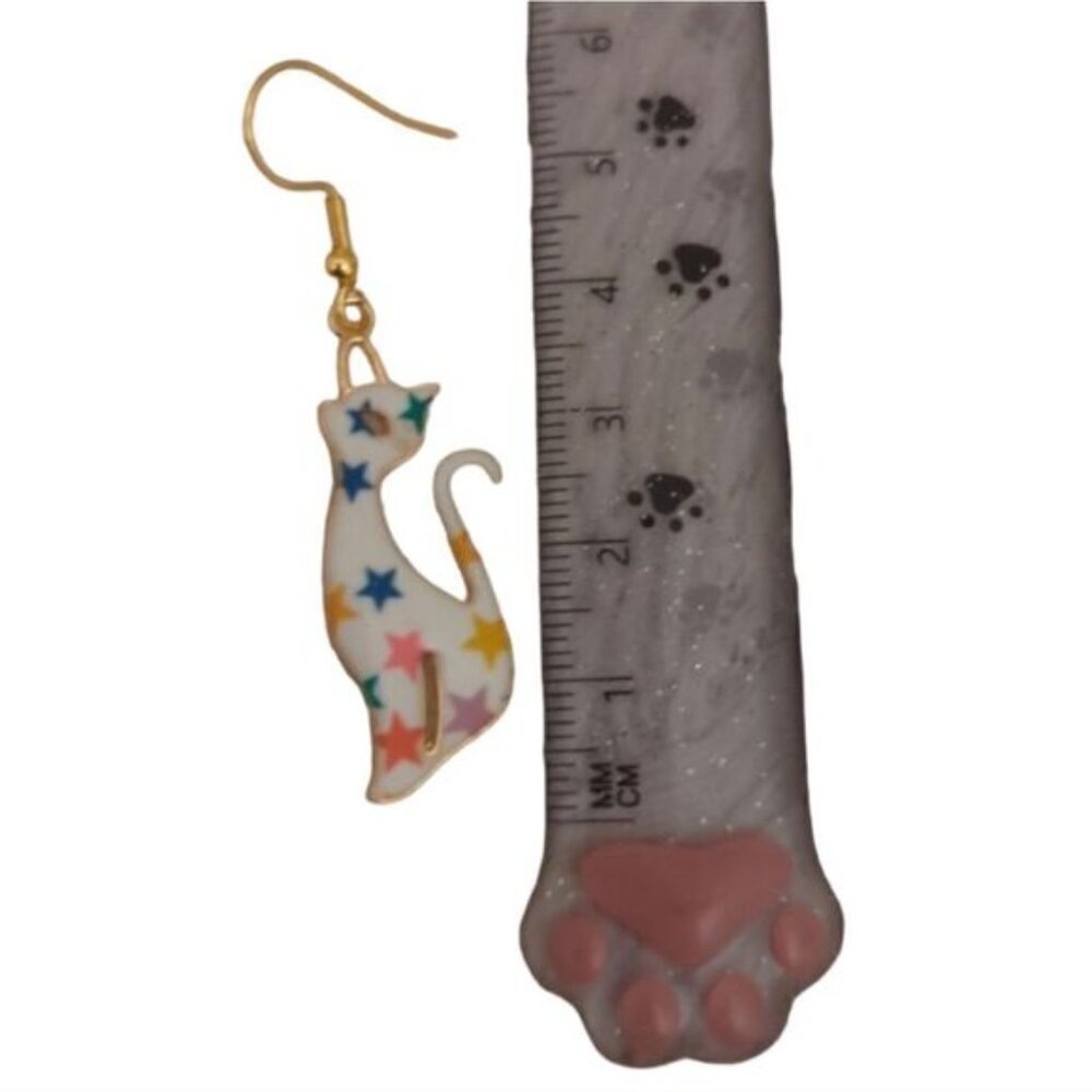 Cat Design Colorful Stars Pattern Kitty Earrings - Picture 4 of 7